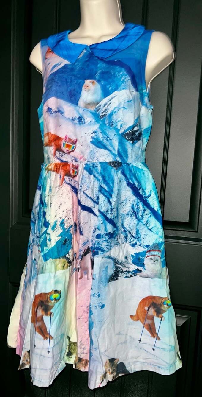 ModCloth Skiing Cat Print Dress Size S Blue Mountain Peter Pan Collar